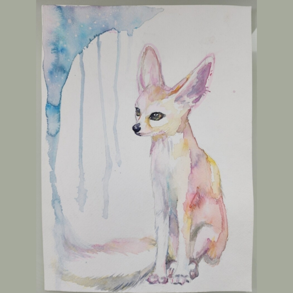 Original Hand-Painted Rainbow Fennec Fox Watercolor Artwork - 15" x 11" - Picture 1 of 5